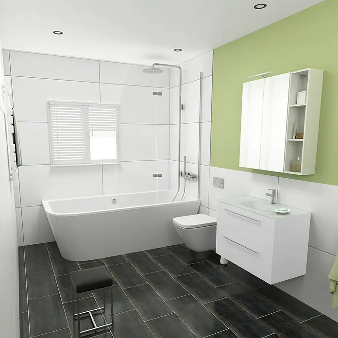 Camargue Espacio Waschtischunterschrank - 80 x 46 x 60 cm, 2 Schubkästen, Mira - Badezimmer-Interieur mit Badewanne, Toilette, Waschbecken und grüner Akzentwand, das ein modernes und stilvolles Ambiente schafft.