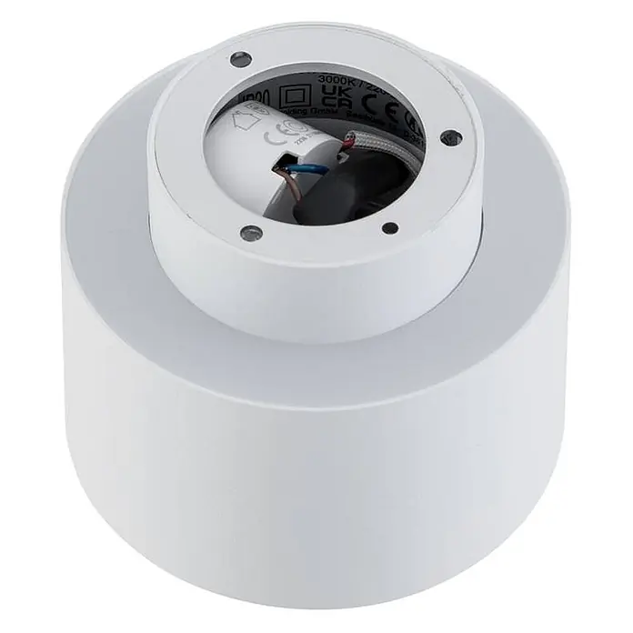 Lindby Deckenstrahler Nivoria - weiß / opal - Weiße zylindrische Aufbau-LED-Leuchte mit sichtbarer interner Verkabelung und Lichtquelle.