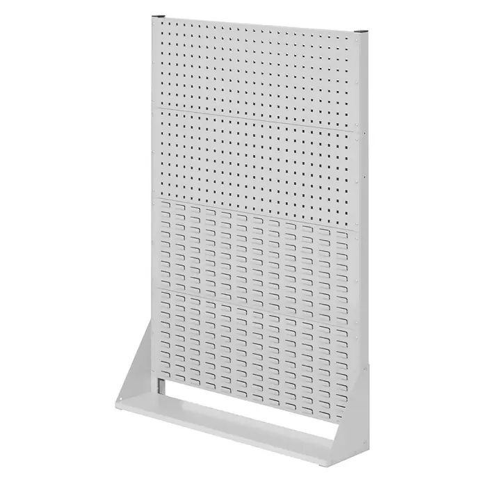 Kappes Aufbewahrungskiste - L x B x H: 24 cm x 100 cm x 1,45 m, Stahl, Lichtgrau - Freistehender hellgrauer Metall-Displayständer mit Loch- und Lamellenwänden.