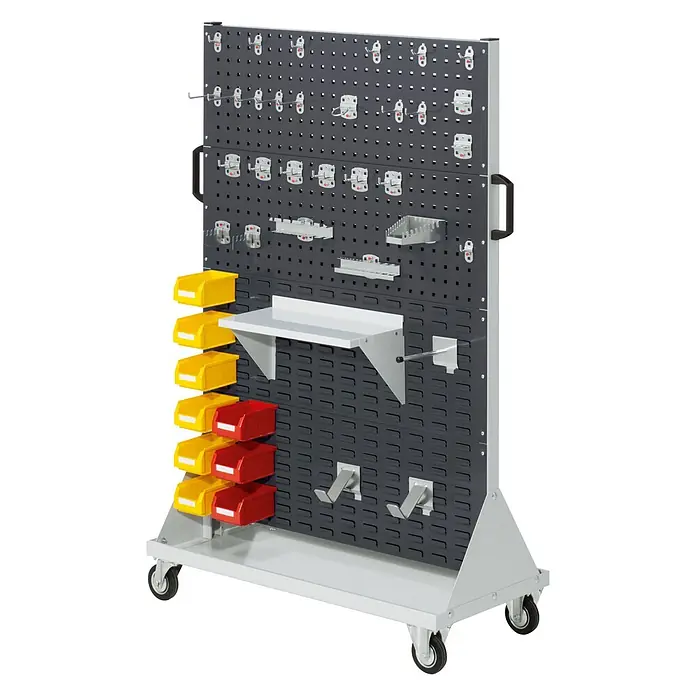 Kappes Aufbewahrungskiste - L x B x H: 50 cm x 100 cm x 1,58 m, Stahl, Anthrazitgrau - Mobiler dunkelgrauer Werkzeugtafelwagen mit hellem Rahmen auf Rollen, ausgestattet mit Haken, Ablagen und gelben/roten Behältern.