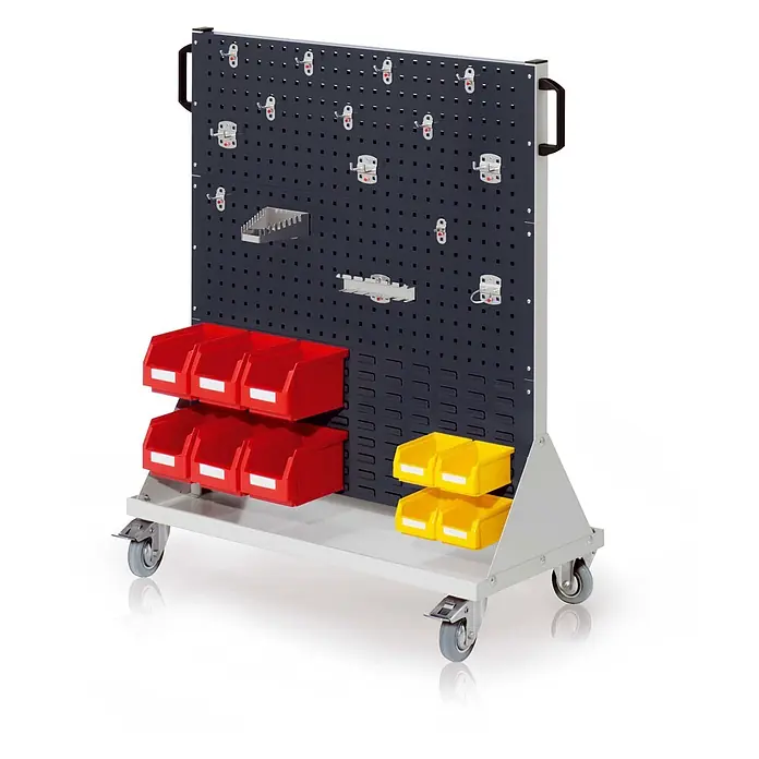 Kappes Aufbewahrungskiste - Stahl, Anthrazitgrau - Mobiler grauer Lochwand-Lagerwagen mit Haken, Werkzeughaltern und roten & gelben Behältern auf Rollen.