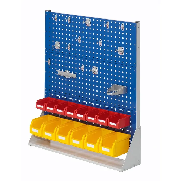 Kappes Aufbewahrungskiste - Stahl, Enzianblau - Blaues Lochwand-Werkzeugregal mit Metallhaken und roten, gelben Kunststoffbehältern, auf grauem Ständer.