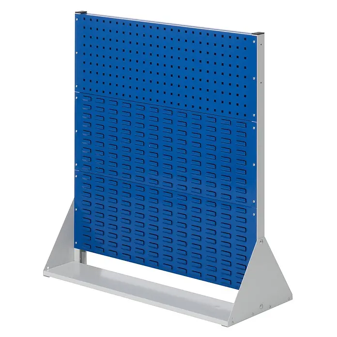 Kappes Aufbewahrungskiste - Stahl, Enzianblau - Blaues freistehendes Metall-Anzeigepaneel mit Lochwand- und Lamellensektionen auf grauem Metallrahmen.