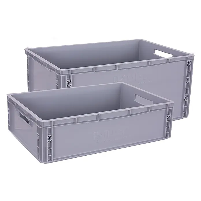 Variofit Eurobox VARIOfit Kunststoffkiste 600x400x170mm -  - Zwei graue Kunststoff-Lagerboxen, eine größer als die andere, mit integrierten Griffen und stapelbarem Design.