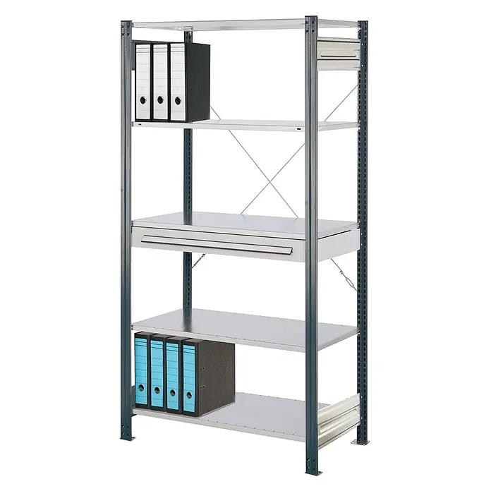 Kappes Metallregal ®RasterPlan Steckregale 2000x1000x500mm Modell 1 anthrazitgrau - Anthrazitgrau - Graues Metallregal mit dunklen Pfosten und fünf Ablagen, inklusive Ausziehplatte. Enthält Büroordner auf oberen und unteren Böden.