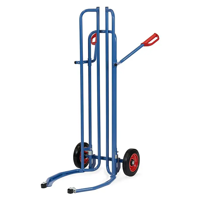 Fetra Sackkarre - Traglast: 200 kg - Blauer Metall-Sackkarre mit roten Griffen und schwarzen Rädern.