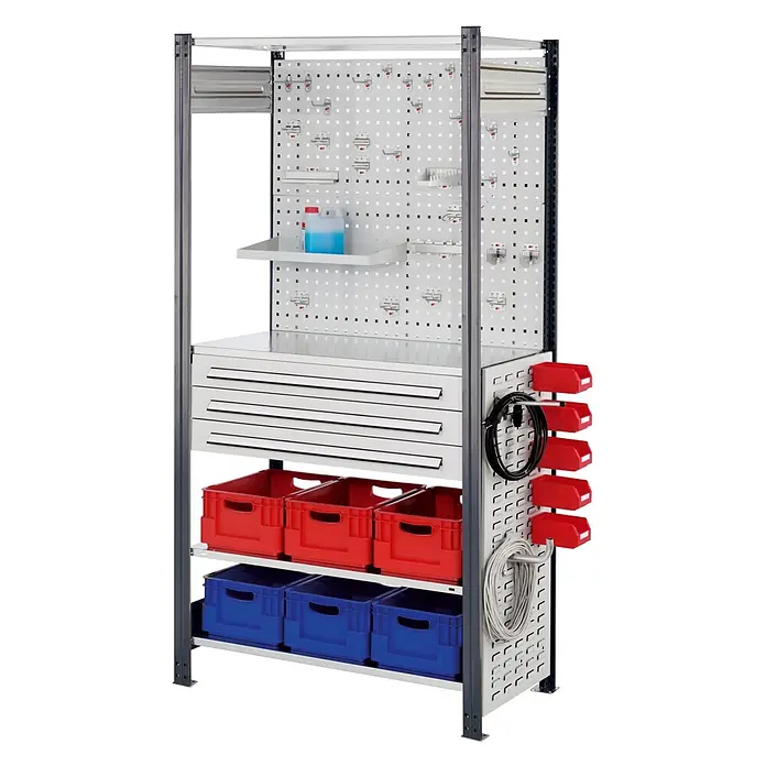 Kappes Metallregal ®RasterPlan Steckregale 2000x1000x500mm Modell 8 anthrazitgrau - Anthrazitgrau - Graue Metall-Industrieregaleinheit mit Lochwand, Schubladen und Ablagen, komplett mit roten und blauen Lagerkisten.