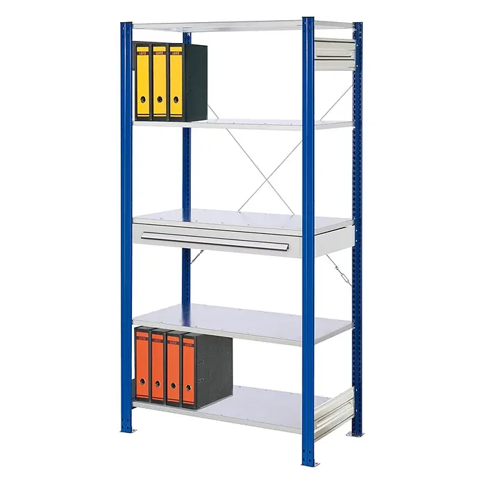 Kappes Metallregal ®RasterPlan Steckregale 2000x1000x500mm Modell 1 enzianblau - Enzianblau - Blau-graues Metallregal mit mehreren Böden, einer Auszugsschublade und Ordnern.