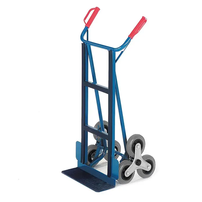 Rollcart Sackkarre Gerätekarre C-Profil 3er-Stern mit Schaufelbreite 450mm Vollgummi - Traglast: 150 kg - Blaue Treppenkarre aus Metall mit roten Griffen und grauen Dreirad-Radsätzen.