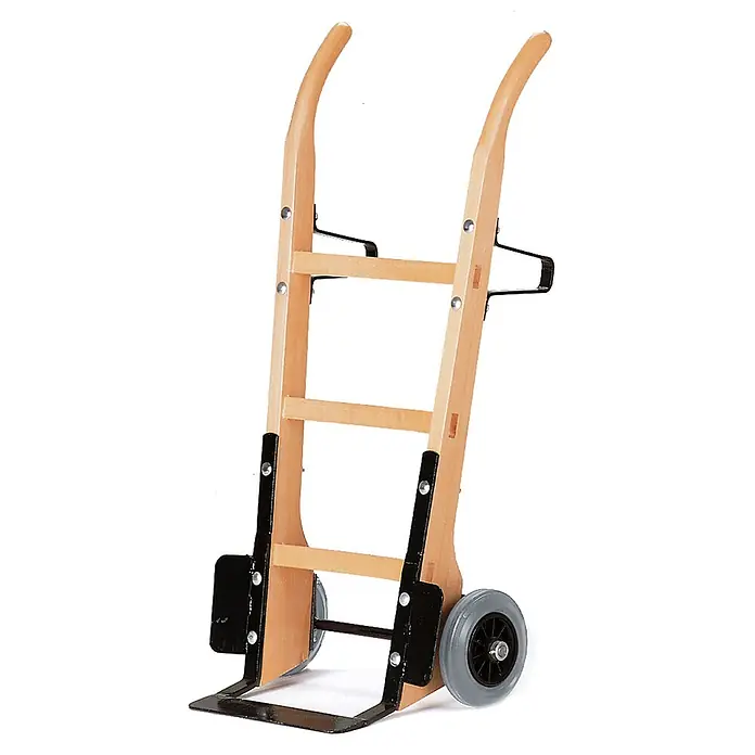 Rollcart Sackkarre - Holz, Traglast: 250 kg - Handkarre aus Holz mit schwarzem Metallrahmen und grauen Rädern. Ergonomisch geformte Griffe.