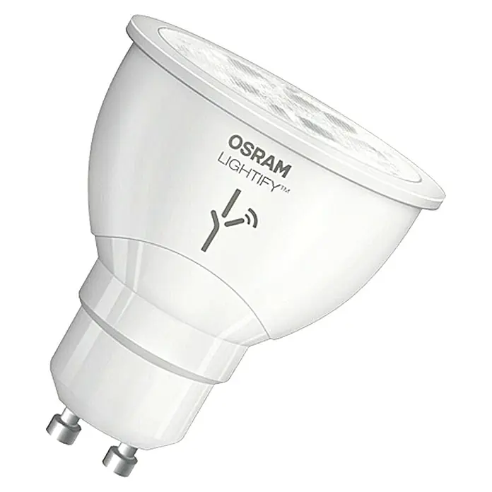 Osram Lightify Bombilla LED PAR16 - GU10, Intensidad regulable, Blanco neutro, 350 lm, 6 W - Primer plano de una bombilla LED OSRAM LIGHTIFY™ que ofrece iluminación de eficiencia energética con capacidades de control inteligente.