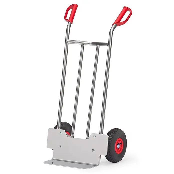 Fetra Sackkarre Alukarre 1150mm hoch Schaufel 150x400mm mit Luftbereifung - Traglast: 150 kg - Silberne Sackkarre mit roten Griffen und schwarzen Rädern, zum Transport von Waren.