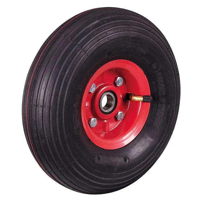 Variofit Sackkarre Aluminiumkarre 200kg Tragkraft mit gebogenen Querstreben Luftbereifung - Traglast: 200 kg - Schwarzes Luftrad für Schubkarre mit roter Metallfelge, Nabe und Ventil.