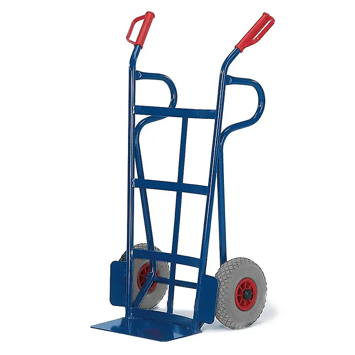 Rollcart Sackkarre - Traglast: 250 kg - Blauer Metall-Sackkarren mit roten Griffen und grauen Rädern, zum Transport schwerer Gegenstände.