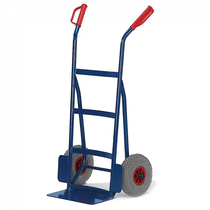 Rollcart Sackkarre - Traglast: 250 kg - Blaue Metall-Sackkarre mit roten Griffen und grauen Luftreifen.