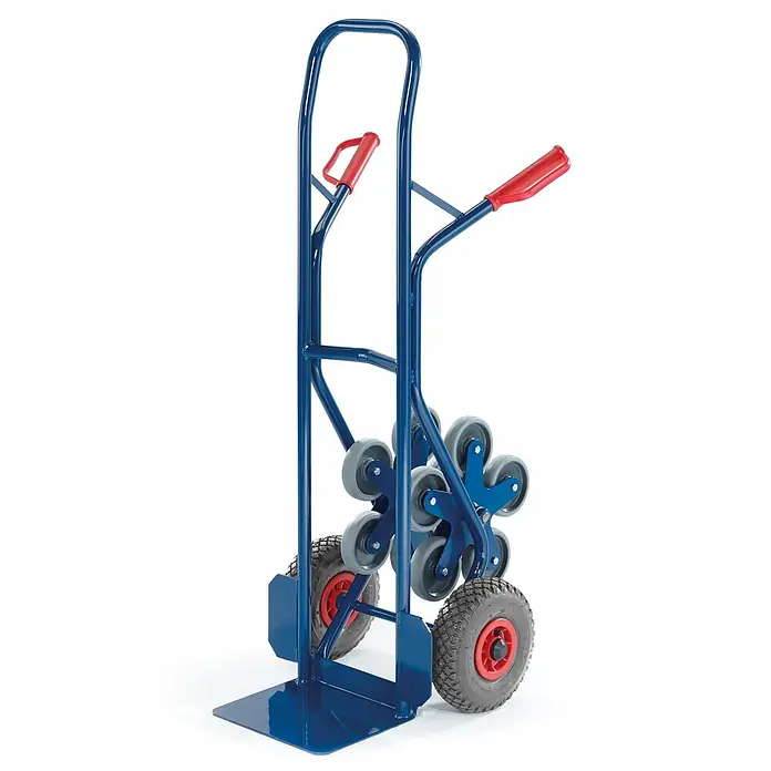 Rollcart Sackkarre - Traglast: 150 kg - Blaue Sackkarre mit roten Griffen und innovativem Treppensteiger-Radmechanismus, ideal für schwere Lasten.