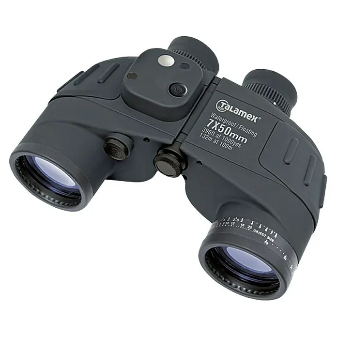 Talamex Fernglas Porro - Durchmesser Objektiv: 50 mm, Vergrößerung: 7-fach, Mit Kompass - Das Bild zeigt ein wasserdichtes Talamex 7x50mm Fernglas, ideal für Outdoor-Aktivitäten und Beobachtungen in der Natur.