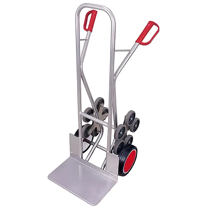 Variofit Sackkarre - Traglast: 200 kg - Silberne Treppenkarre mit roten Griffen und sternförmigem Radsystem.