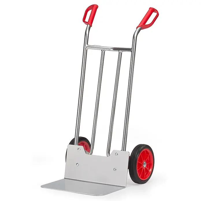 Fetra Sackkarre Alukarre 1150mm hoch Schaufel 300x480mm mit Vollgummibereifung - Traglast: 150 kg - Silberne Sackkarre mit roten Griffen und roten Rädern zum Transport schwerer Gegenstände.