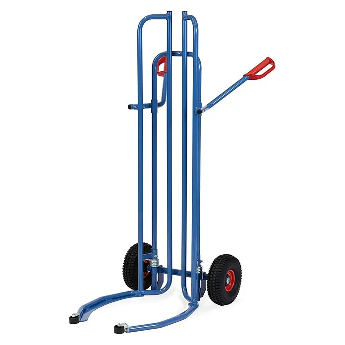 Fetra Sackkarre - Traglast: 200 kg - Blaue Sackkarre mit rotem ergonomischem Griff, großen schwarzen Rädern und kleinen Lenkrollen am Bodenrahmen.