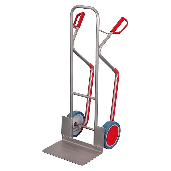 Variofit Sackkarre VARIOfit Robuste Edelstahl-Sackkarre mit Vollgummibereifung - Edelstahl, Traglast: 200 kg - Silberner Metall-Sackkarren mit roten Griffen und blauen Rädern zum Transport schwerer Gegenstände.