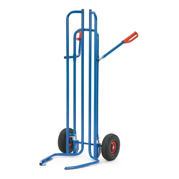 Fetra Sackkarre Reifenkarre mit Spreizaufnahmen 575mm Schaufeltiefe Vollgummi-Bereifung - Traglast: 200 kg - Blauer Stahl-Sackkarre mit rotem Griff und schwarzen Luftreifen zum Transport von Gütern.