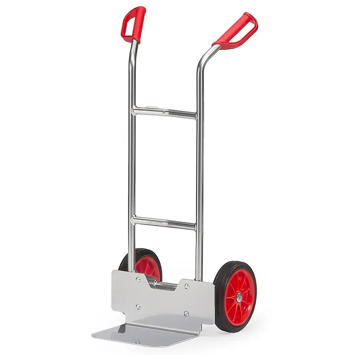 Fetra Sackkarre Alukarre 1150mm hoch Schaufel 250x320mm mit Vollgummibereifung - Traglast: 150 kg - Sackkarre aus Edelstahl mit roten Griffen und roten Rädern.
