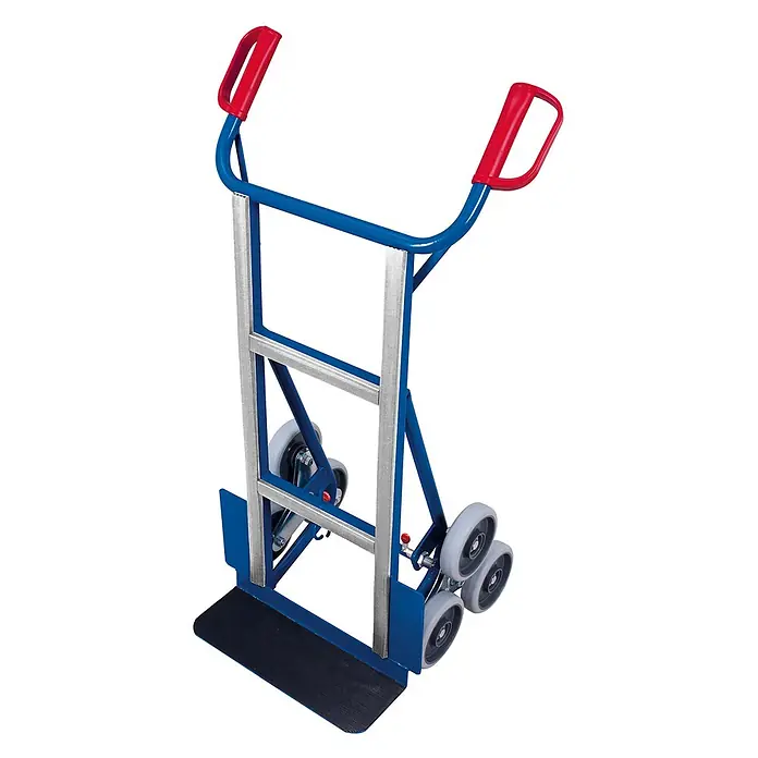 Variofit Sackkarre Gerätekarre 2 dreiarmige Radsterne 250kg Traglast mit rutschfestem Gummi - Traglast: 250 kg - Blaue und silberne Treppenkarre mit roten Griffen und schwarzer Fußplatte, mit Dreifachradsystem zum Treppensteigen.