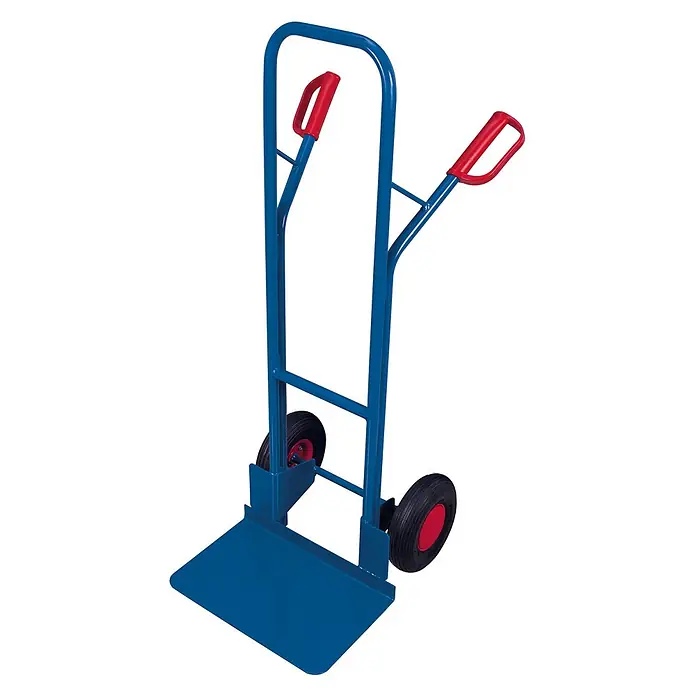 Variofit Sackkarre VARIOfit Stahlrohrkarren 250 Tragkraft Schaufelbreite 480mm Luftbereifung - Traglast: 250 kg - Blaue Metall-Sackkarre mit roten Griffen und schwarzen Rädern.