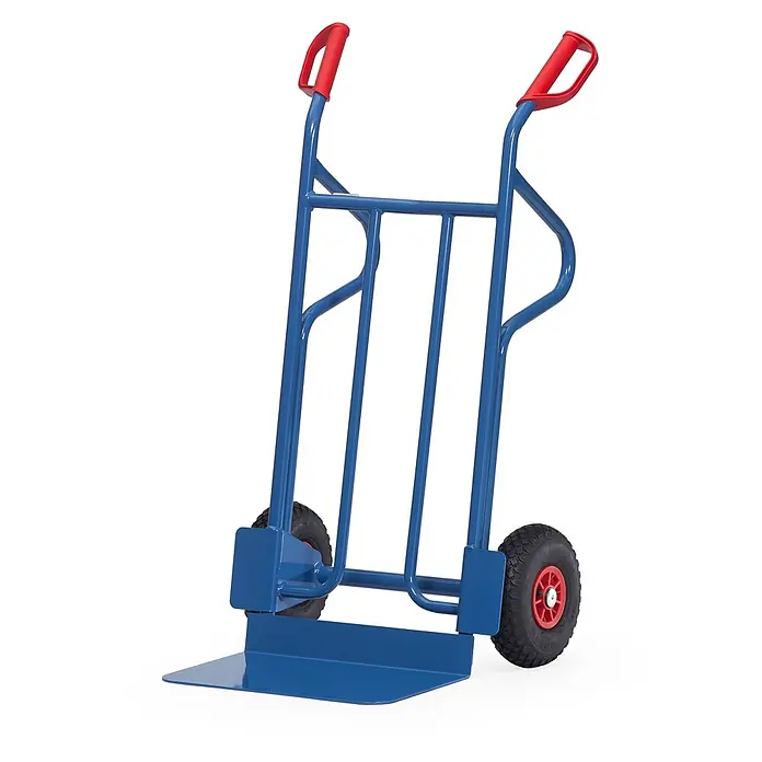 Fetra Sackkarre Stahlrohrkarre mit Luftbereifung Höhe 1200mm, Schaufel 300x480mm - Traglast: 350 kg - Blaue Metall-Sackkarre mit roten Griffen und schwarzen Luftreifen.