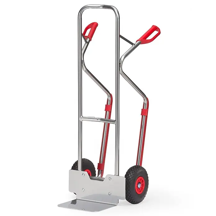 Fetra Sackkarre - Traglast: 200 kg - Sackkarre aus silbernem Metall mit ergonomischen roten Griffen und robusten schwarzen Rädern.