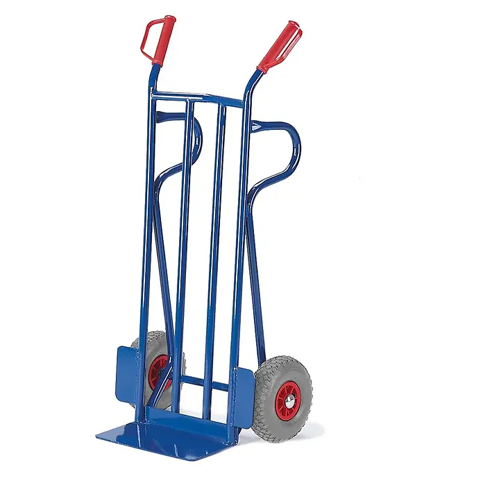 Rollcart Sackkarre - Traglast: 250 kg - Blaue Metallsackkarre mit roten Griffen und grauen Lufträdern zum Transport schwerer Gegenstände.