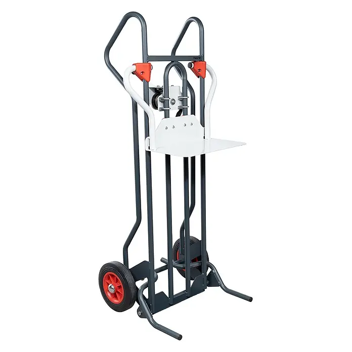 FIMM Sackkarre höhenverstellbare Sackkarre Tragkraft 150 kg mit 250mm Gumm Reifen - Stahl, Traglast: 150 kg - Graue Sackkarre mit orangefarbenen Rädern, weißer Hebeplattform und Kurbelwinde für schwere Lasten.