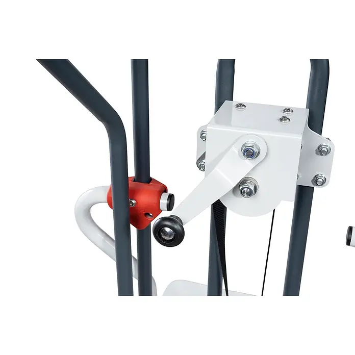 FIMM Sackkarre höhenverstellbare Sackkarre Tragkraft 150 kg mit 250mm Gumm Reifen - Stahl, Traglast: 150 kg - Detail eines Trainingsgeräts mit weißem Metallmechanismus, Hebel und schwarzem Riemen, verbunden mit grauem Rahmen und roter Klemme.