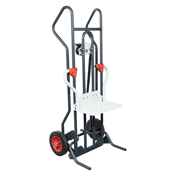 FIMM Sackkarre höhenverstellbare Sackkarre Tragkraft 150 kg mit 250mm Gumm Reifen - Stahl, Traglast: 150 kg - Graue Sackkarre mit weißer Hebebühne, Handkurbelwinde und roten Rädern für schwere Lasten.