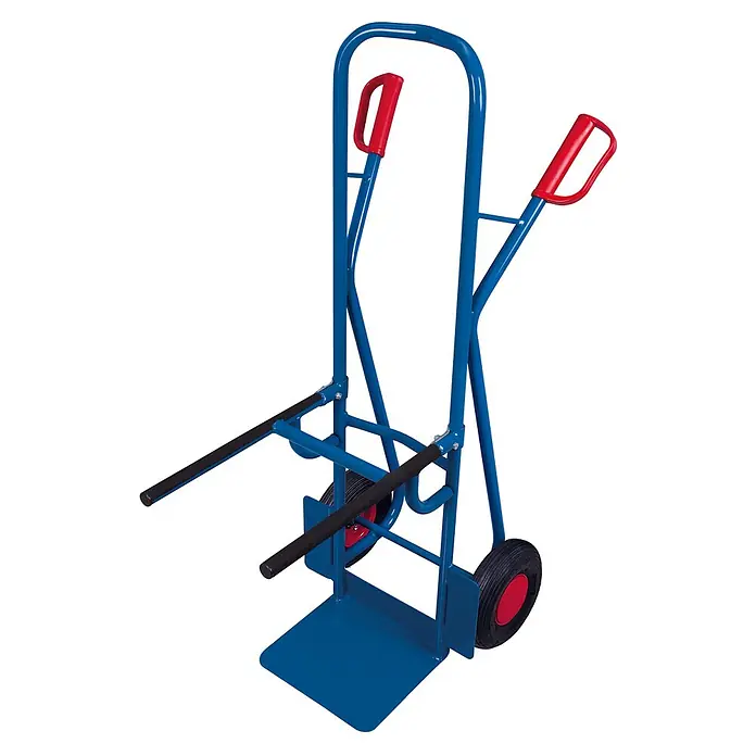 Variofit Sackkarre VARIOfit Stuhlkarre aus Stahl 250 Traglast Luftbereifung - Traglast: 250 kg - Blauer Stahl-Sackkarre mit roten Griffen, schwarzen Reifen und schwarzen, schaumstoffbezogenen Seitenstützen zum Transport schwerer Lasten.