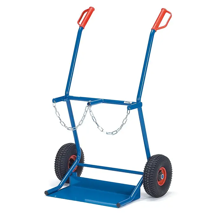 Fetra Sackkarre Stahlflaschenkarre 1100 mm Höhe, mit Vollgummi-Bereifung - Traglast: 100 kg - Blauer Metall-Flaschenwagen mit roten Griffen, schwarzen Luftreifen und Sicherungsketten.