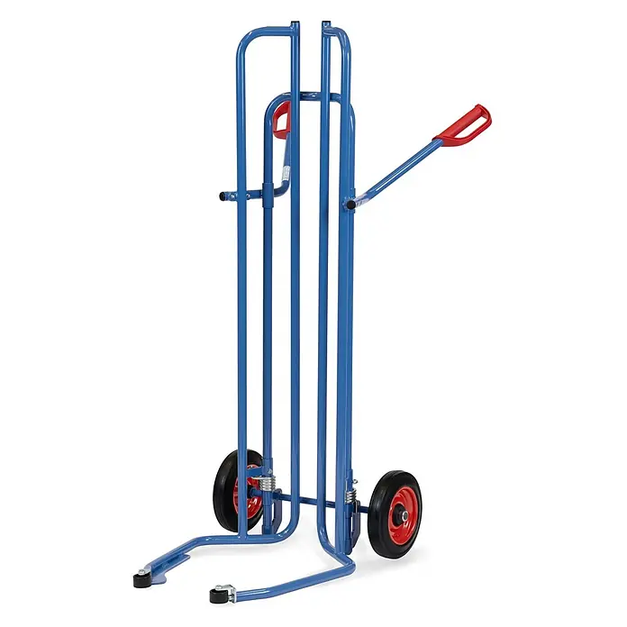 Fetra Sackkarre - Traglast: 200 kg - Blauer Metall-Sackkarren mit roten Rädern und rotem Griff, aufrecht stehend.