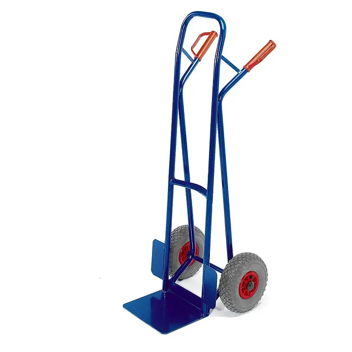 Rollcart Sackkarre Stapelkarre aus Stahlrohr 250kg Tragkraft Luft - Traglast: 250 kg - Blauer Metall-Sackkarre mit roten Griffen und Gummirädern.