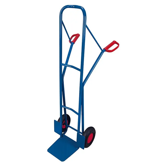 Variofit Sackkarre VARIOfit Stahlrohrkarren 250 Tragkraft 1600mm Höhe Luftbereifung - Traglast: 250 kg - Blaue Sackkarre aus Metall mit roten Kunststoffgriffen und schwarzen Rädern, zum Transport von Waren.