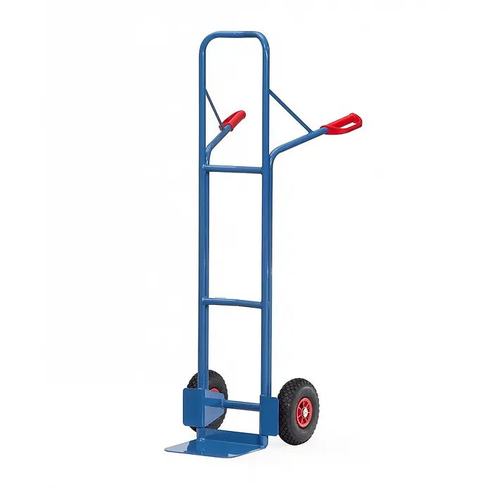 Fetra Sackkarre Stahlrohrkarre Höhe 1600 mm, Schaufel 250x320mm Luftbereifung - Traglast: 300 kg - Blaue Sackkarre mit roten Griffen und schwarzen Rädern.