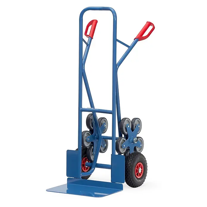 Fetra Sackkarre Stahlrohr-Treppenkarre, mit fünfarmigen Radsternen, Schaufelbreite 480mm - Traglast: 200 kg - Blaue Sackkarre mit roten Griffen, Treppensteigrädern und großen Lufträdern.