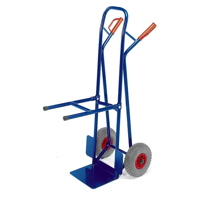 Rollcart Sackkarre Stuhl-Stapelkarre aus Stahlrohr Vollgummi -  - Blauer Sackkarren mit roten Griffen, grauen Lufträdern und horizontalen Stützstangen.