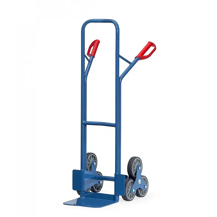 Fetra Sackkarre Stahlrohr-Treppenkarre, mit dreiarmigen Radsternen, Schaufelbreite 320mm - Traglast: 200 kg - Blaue Treppenkarre mit roten Griffen und Dreifachrad-Anordnung.