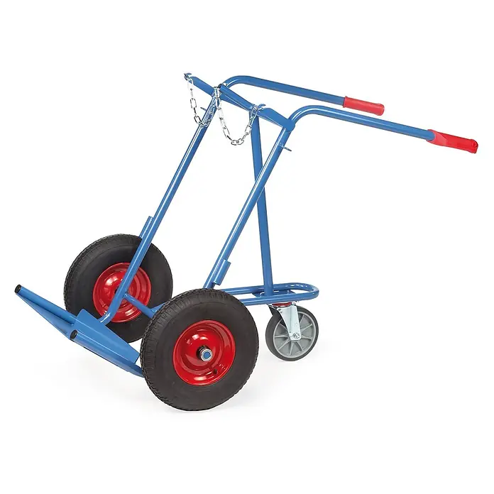 Fetra Sackkarre Stahlflaschenkarre 1300 mm Höhe, mit Luft-Bereifung mit einer Stützrolle - Traglast: 150 kg - Blaue Metall-Fasskarre mit rotfelgigen Luftreifen und roten Handgriffen, mit Kette für sicheren Transport.