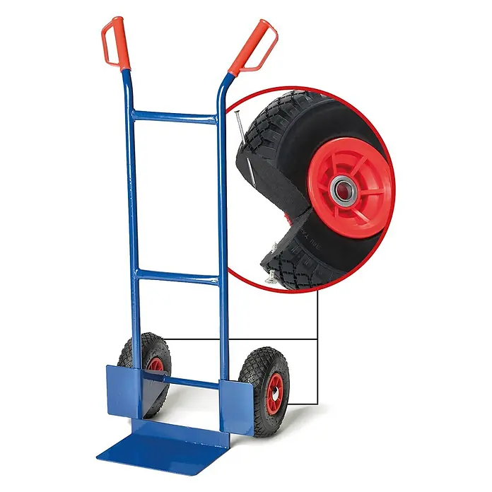 Pro-Bau-Tec Sackkarre Sackkarre Junior PU mit PU-Rädern - Traglast: 200 kg - Blaue Sackkarre mit roten Griffen und pannensicheren Vollgummireifen. Ein Ausschnitt zeigt Nägel.