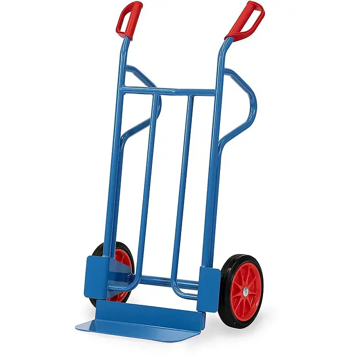 Fetra Sackkarre Stahlrohrkarre mit Vollgummibereifung Höhe 1200mm, Schaufel 150x450mm - Traglast: 350 kg - Stabiler blauer Sackkarren aus Metall mit roten Rädern und ergonomischen roten Griffen.