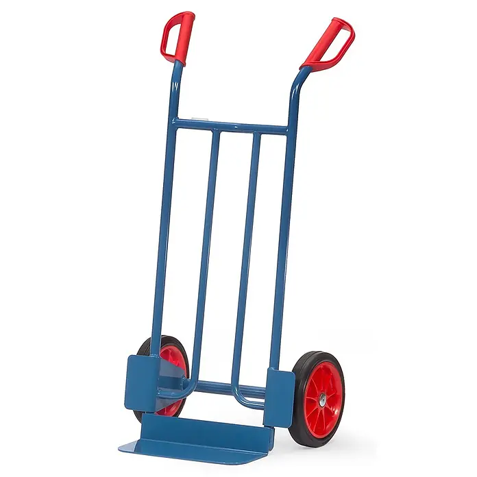 Fetra Sackkarre Stahlrohrkarre mit Vollgummibereifung Höhe 1150 mm, Schaufel 150x400mm - Traglast: 250 kg - Blaue Sackkarre aus Metall mit roten Griffen und roten Rädern zum Transportieren schwerer Lasten.