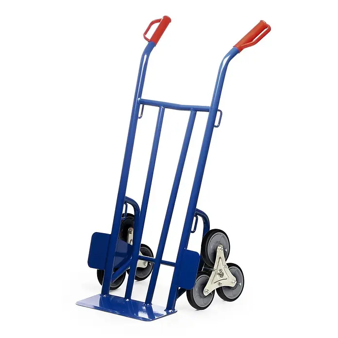 Bako Protaurus Sackkarre Protaurus schwere Treppenkarre mit 300kg Traglast - Traglast: 300 kg - Blauer Treppenkarren aus Metall mit roten Griffen und Dreirad-Treppensteigsystem.