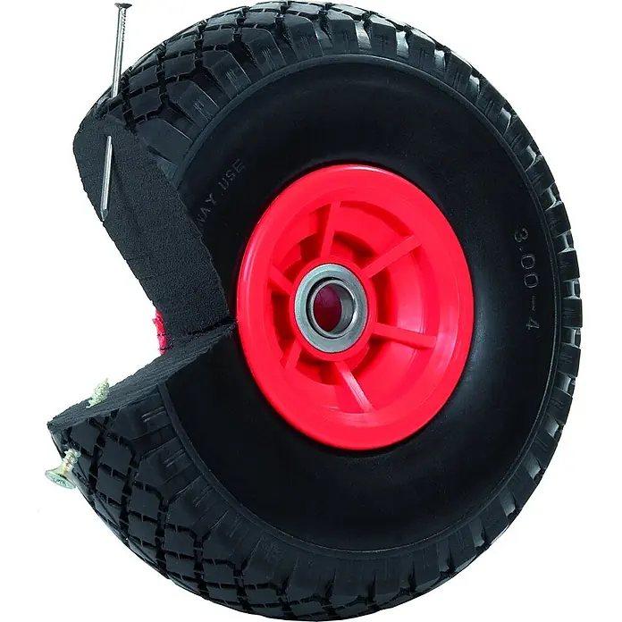Pro-Bau-Tec Sackkarre Aluminium Schweizer Karre mit pannensicheren PU-Rädern Tragkraft 200kg - Stahl, Traglast: 200 kg - Schwarzes pannensicheres Rad mit roter Nabe, aufgeschnitten um Vollgummi-Inneres und Nägel/Schrauben zu zeigen.